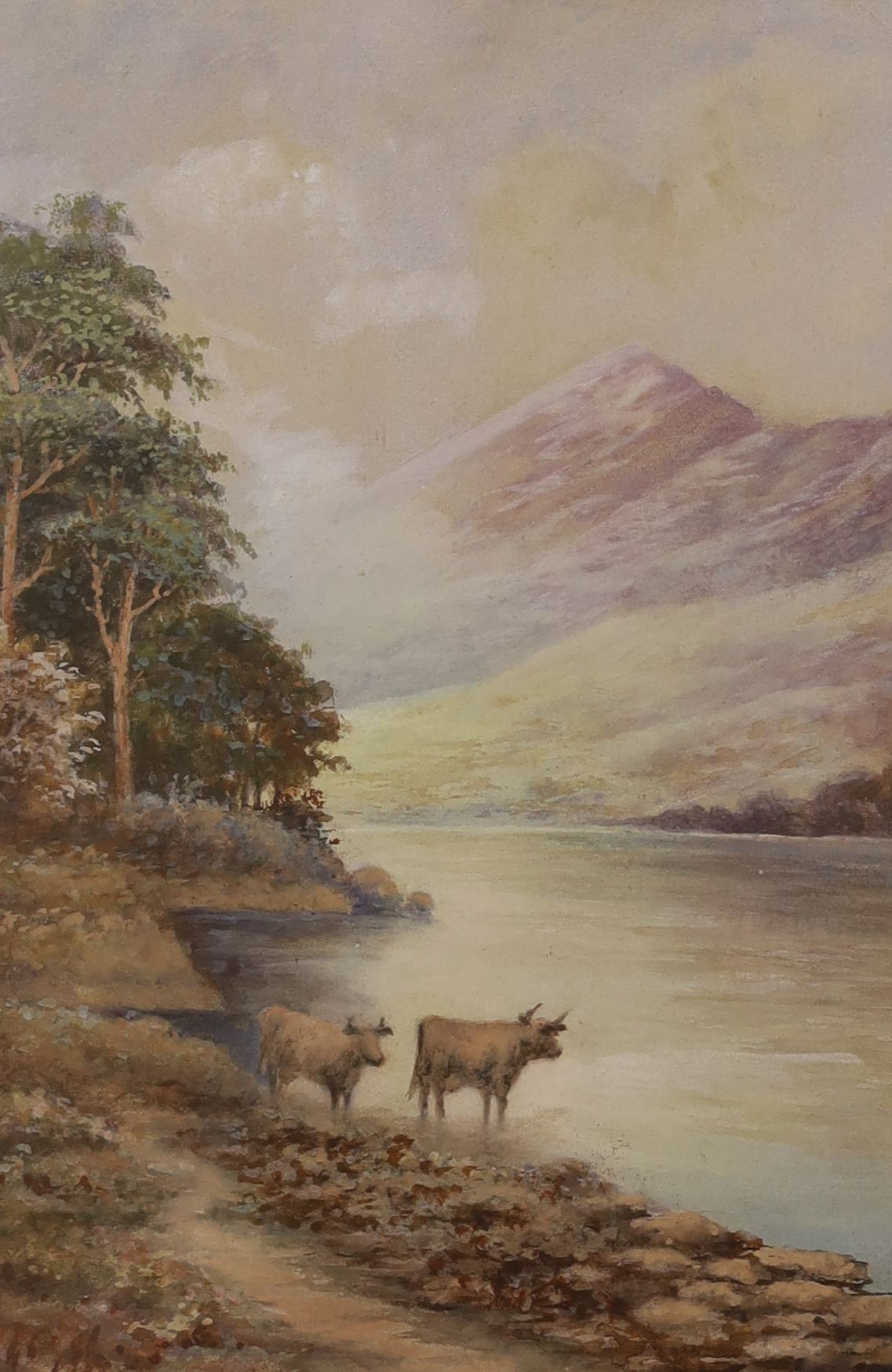 G.F. Marston, pair of watercolours, Sheep and cattle beside lochs, signed and dated 1918, 23 x 16cm